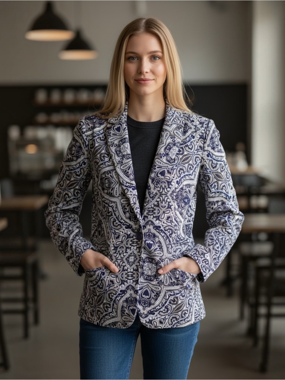 Chico's Paisley Scarf Print Single-Button Soft Shell Blazer Jacket Size 1 Medium